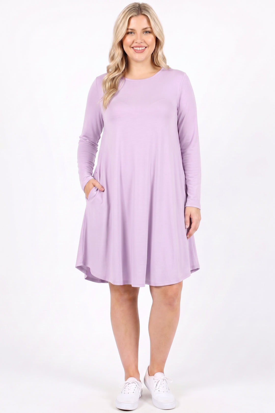 Premium Long Sleeve A-Line Round Hem Plus Size Rayon Tunic with Pockets