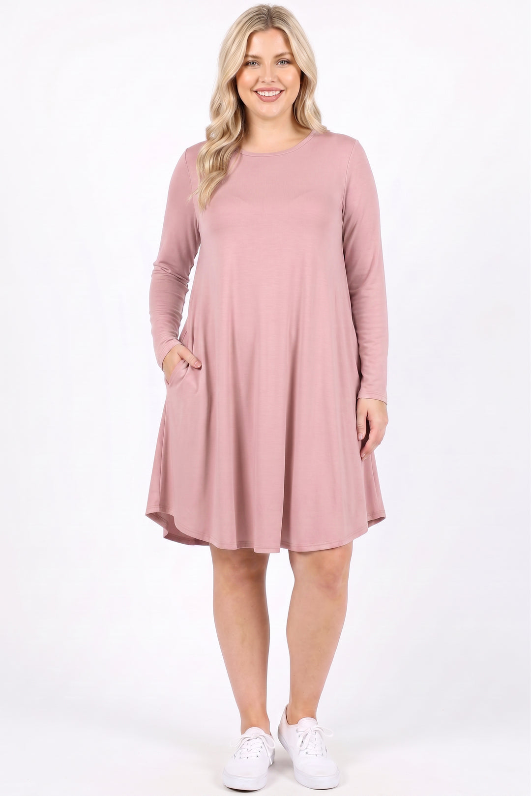 Premium Long Sleeve A-Line Round Hem Plus Size Rayon Tunic with Pockets