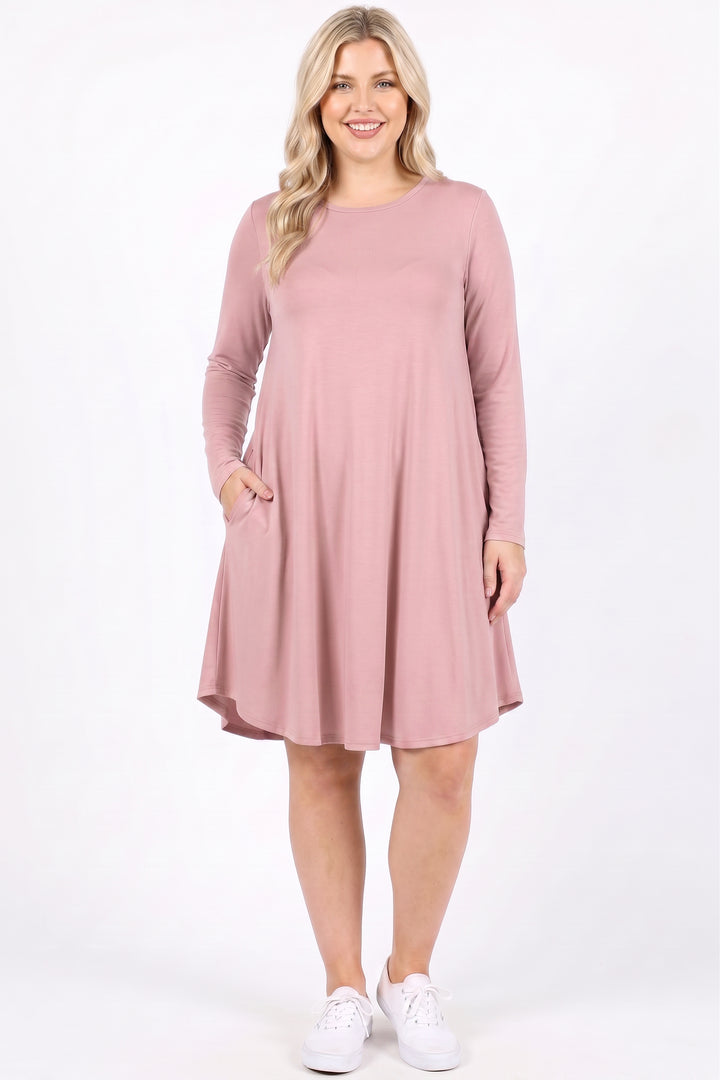Premium Long Sleeve A-Line Round Hem Plus Size Rayon Tunic with Pockets