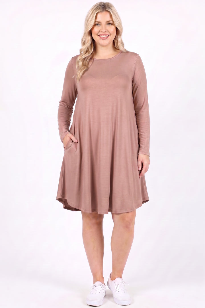 Premium Long Sleeve A-Line Round Hem Plus Size Rayon Tunic with Pockets