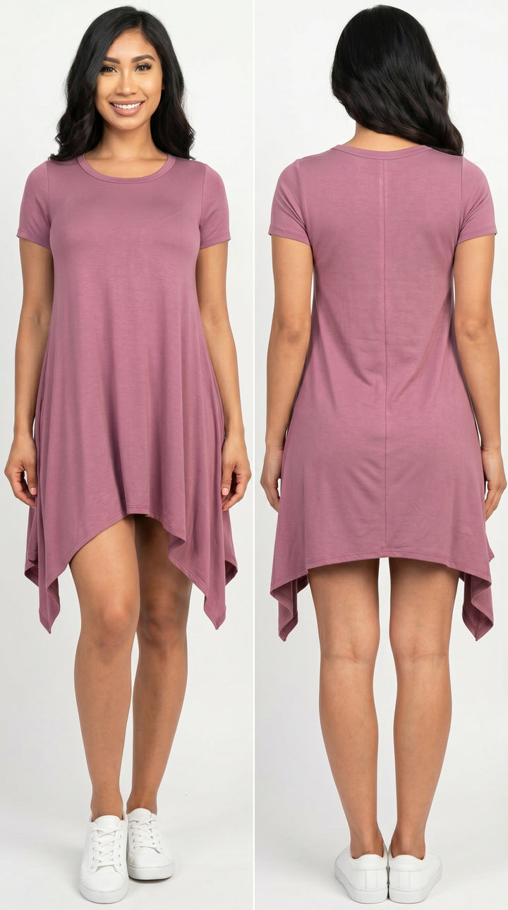 Solid Asymmetrical Short Sleeve Trapeze Dress