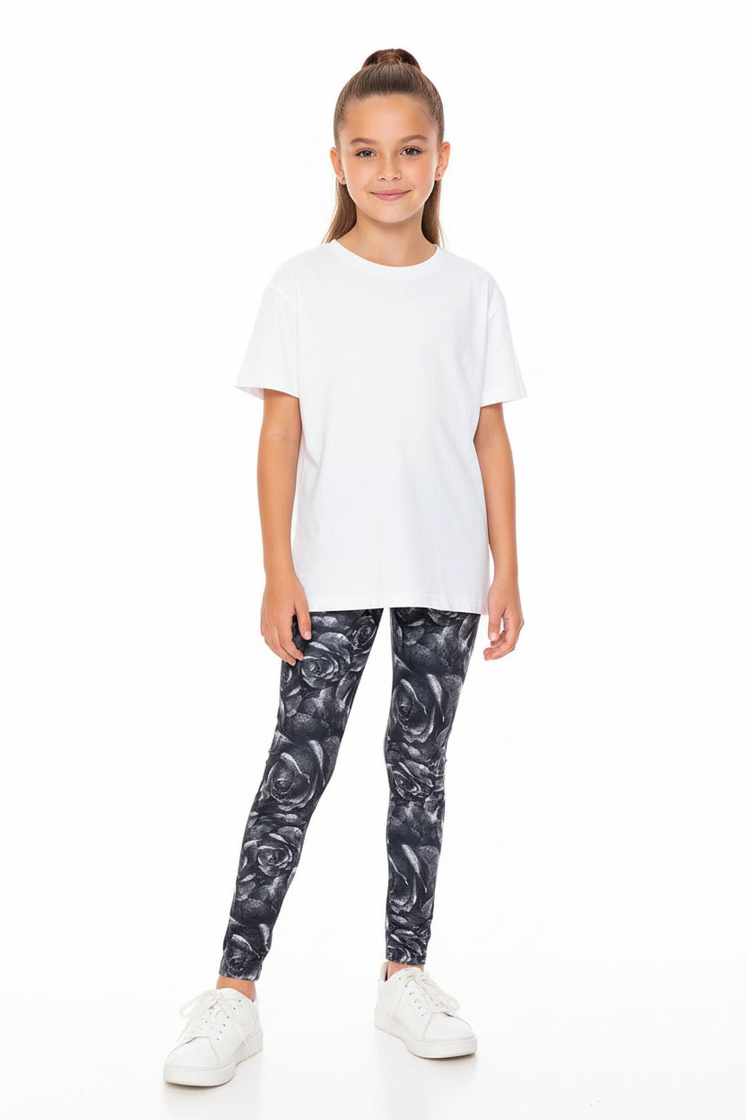 Creamy Soft Monochrome Rose Floral Kids Leggings - USA Fashion