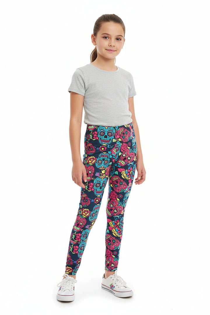 Buttery Smooth Red and Blue Sugar Skull Kids Leggings