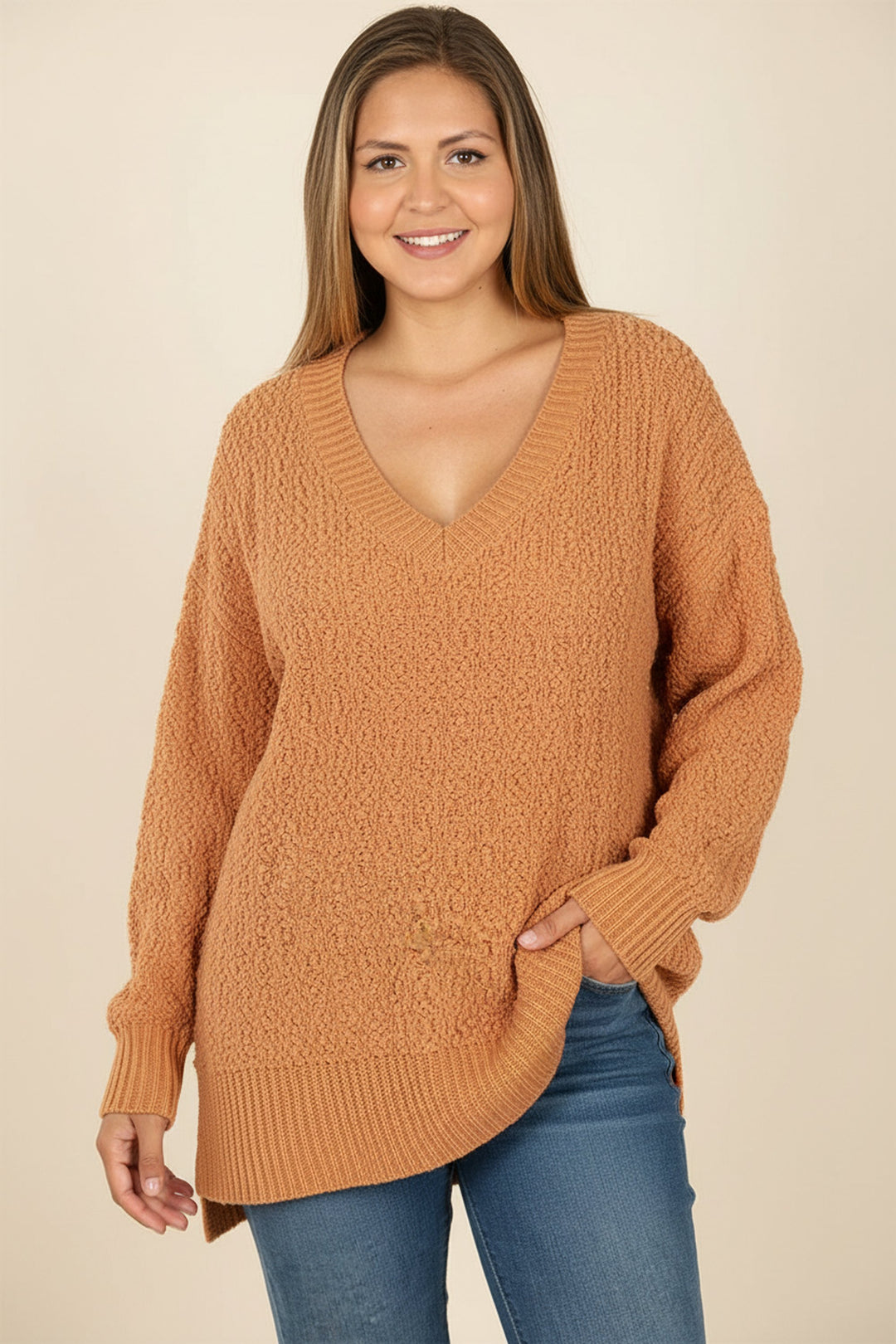 Cable Knit Popcorn V-Neck Hi-Low Plus Size Sweater