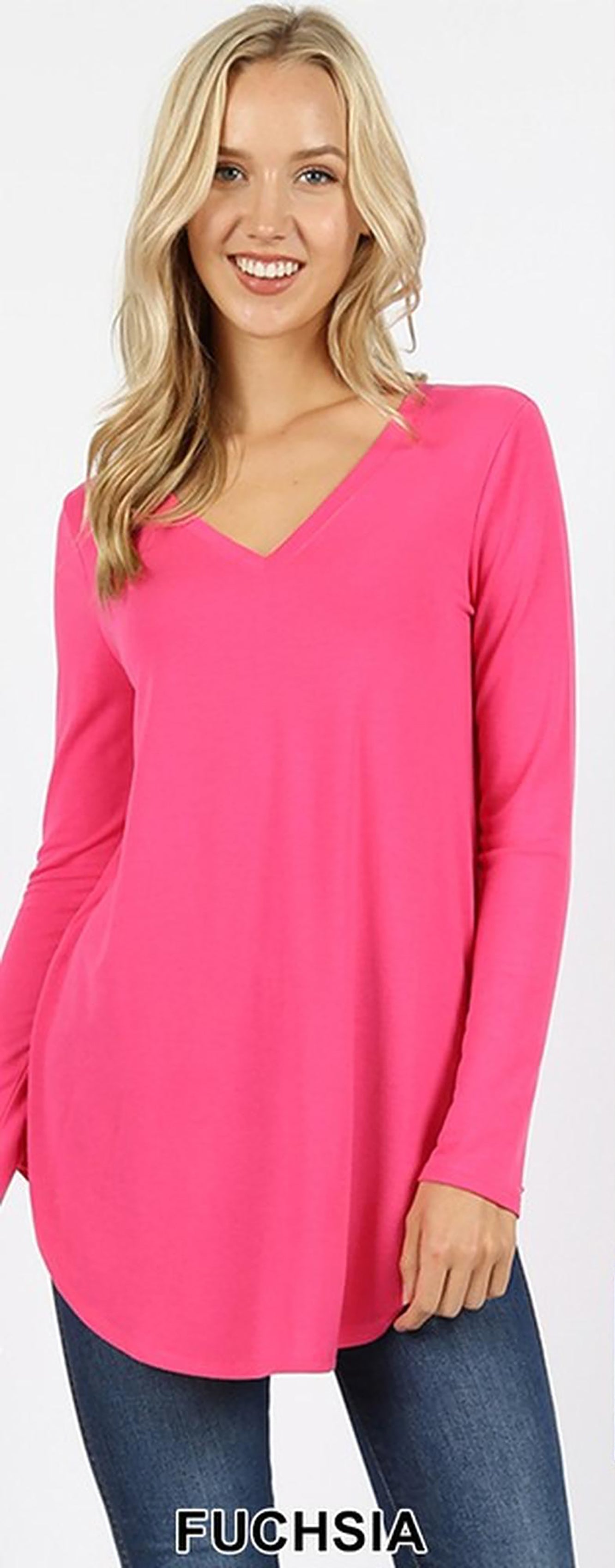 Premium V-Neck Round Hem Long Sleeve Top