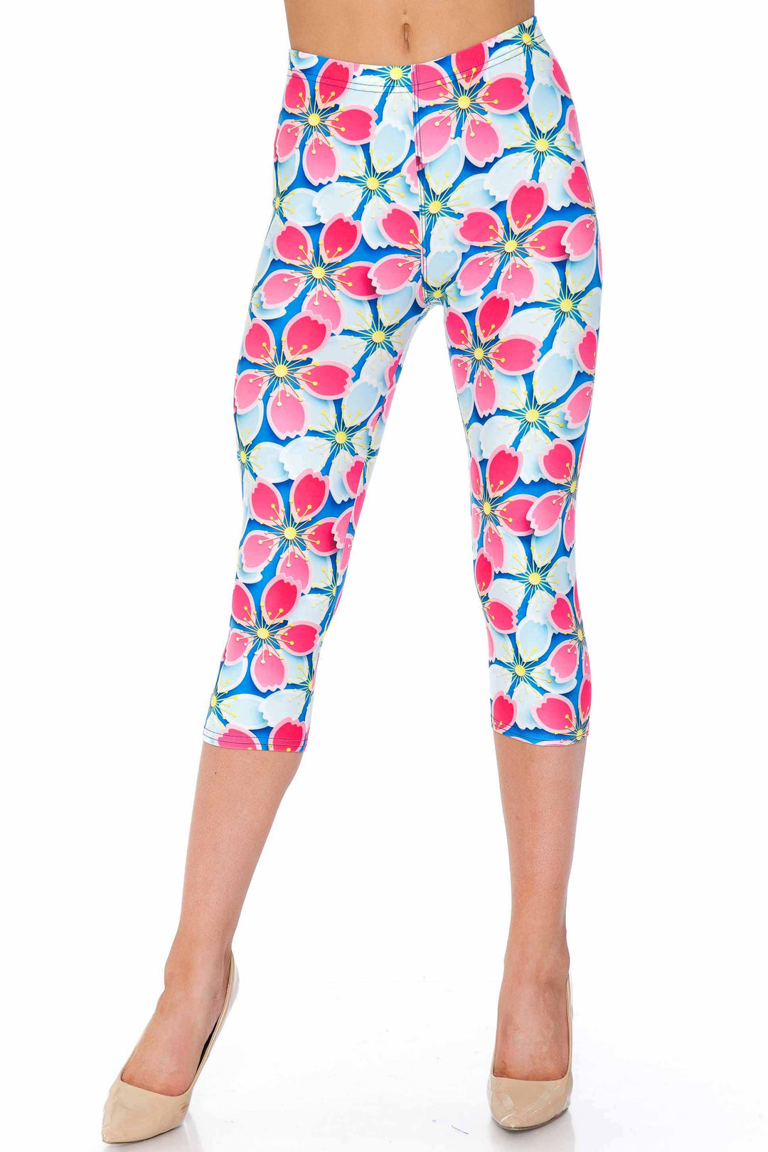Creamy Soft Capri Leggings Premium Women's Pink and Blue Sunshine Floral Extra Plus, High Rise, Stretchy, Comfortable, 3X-5X Capris - by USA Fashion