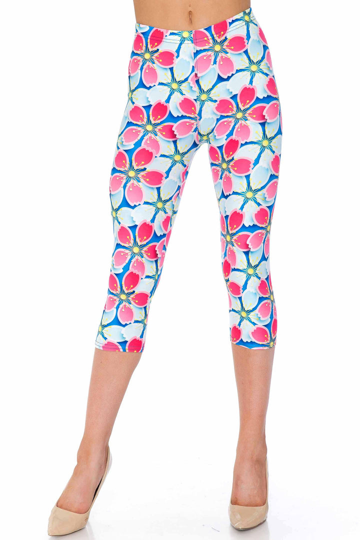 Creamy Soft Capri Leggings Premium Women's Pink and Blue Sunshine Floral Extra Plus, High Rise, Stretchy, Comfortable, 3X-5X Capris - by USA Fashion