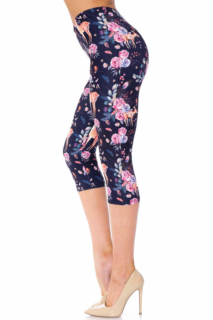 Creamy Soft Plus Size Women's Laser Print Woodland Floral Fawn Luxe Capris - 1XL - 2XL - 3XL
