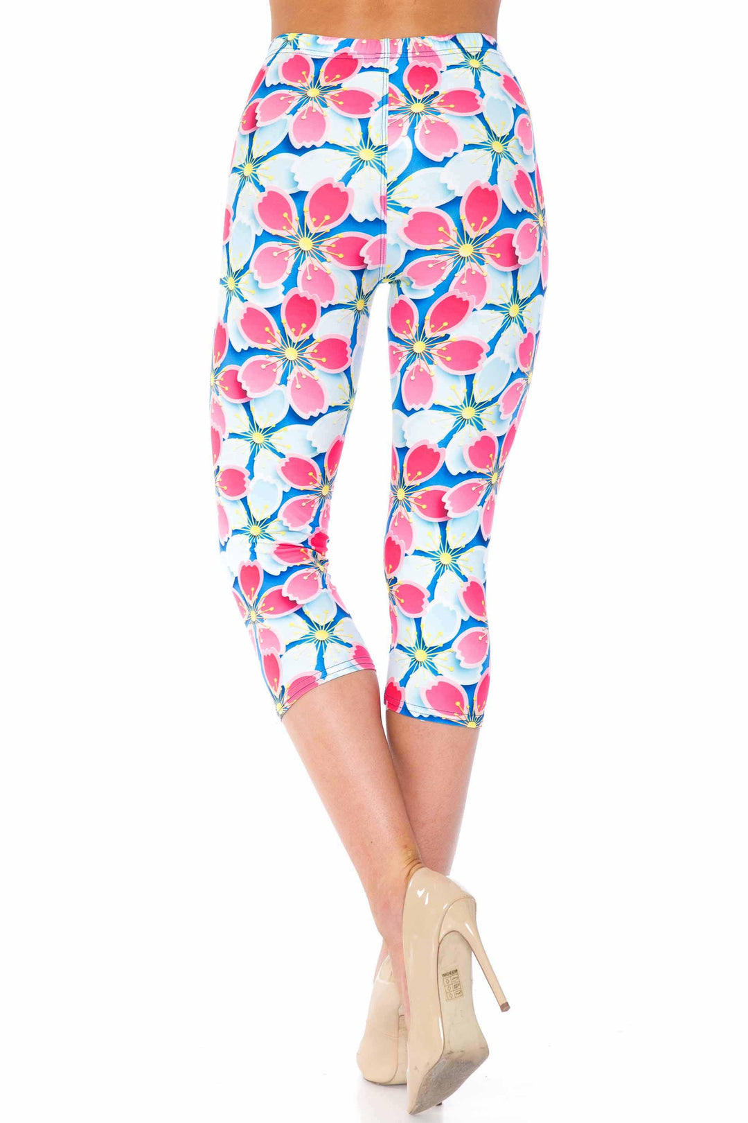 Creamy Soft Capri Leggings Premium Women's Pink and Blue Sunshine Floral Extra Plus, High Rise, Stretchy, Comfortable, 3X-5X Capris - by USA Fashion