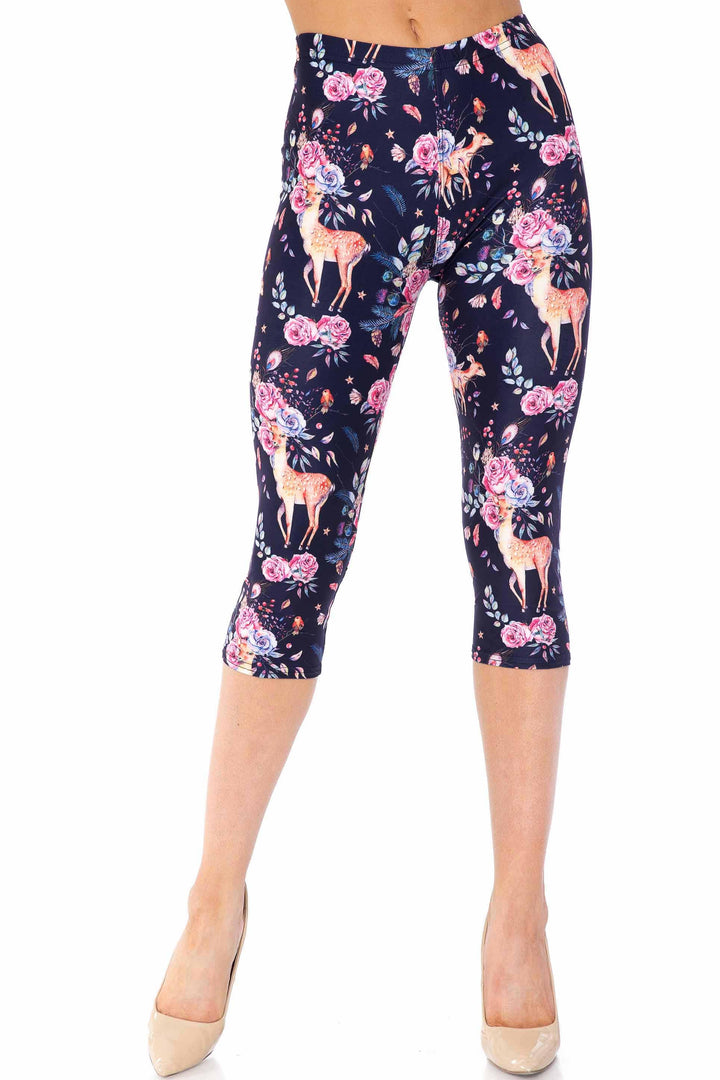 Creamy Soft Plus Size Women's Laser Print Woodland Floral Fawn Luxe Capris - 1XL - 2XL - 3XL
